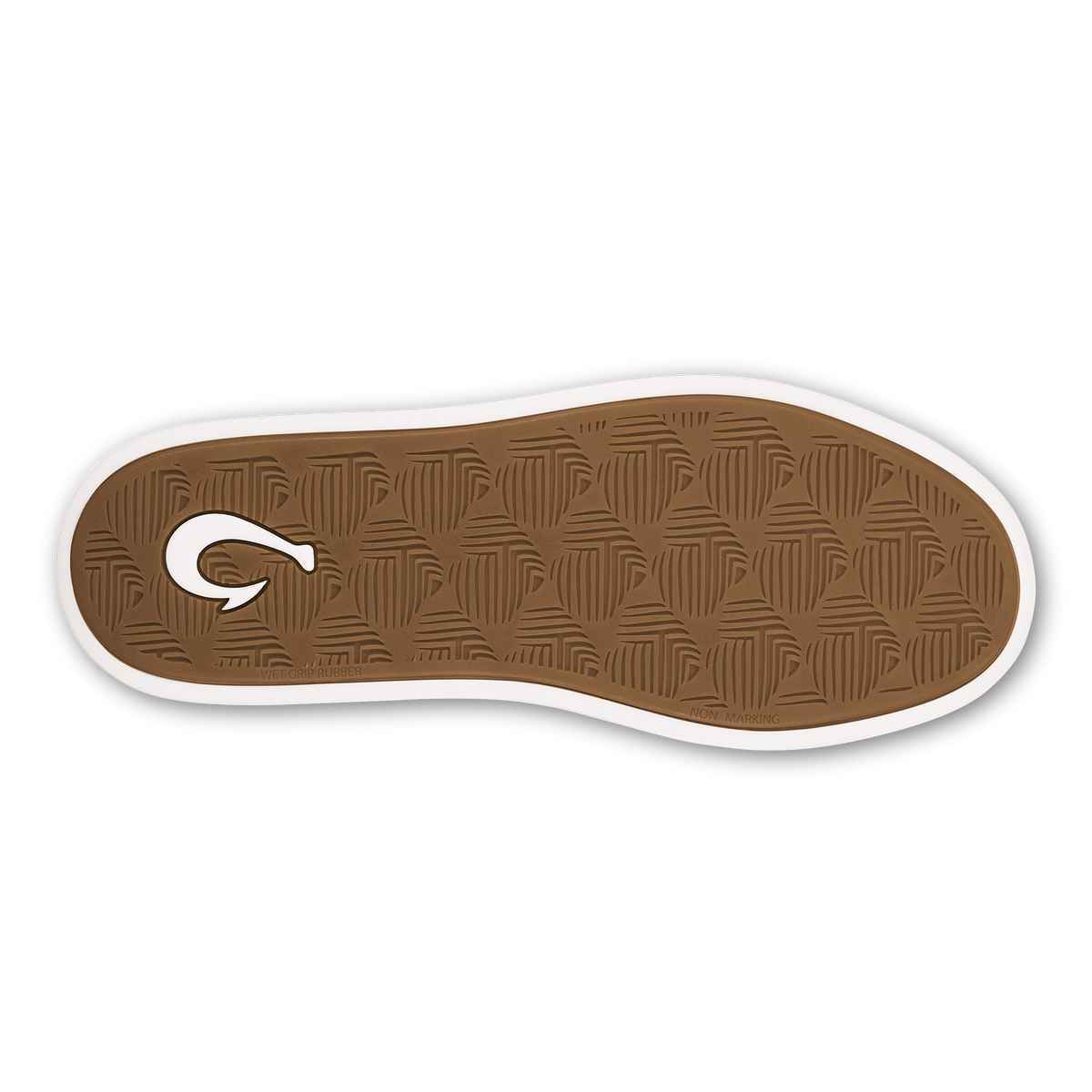 Tan leather slip-on shoe sole with white trim and geometric tread pattern.