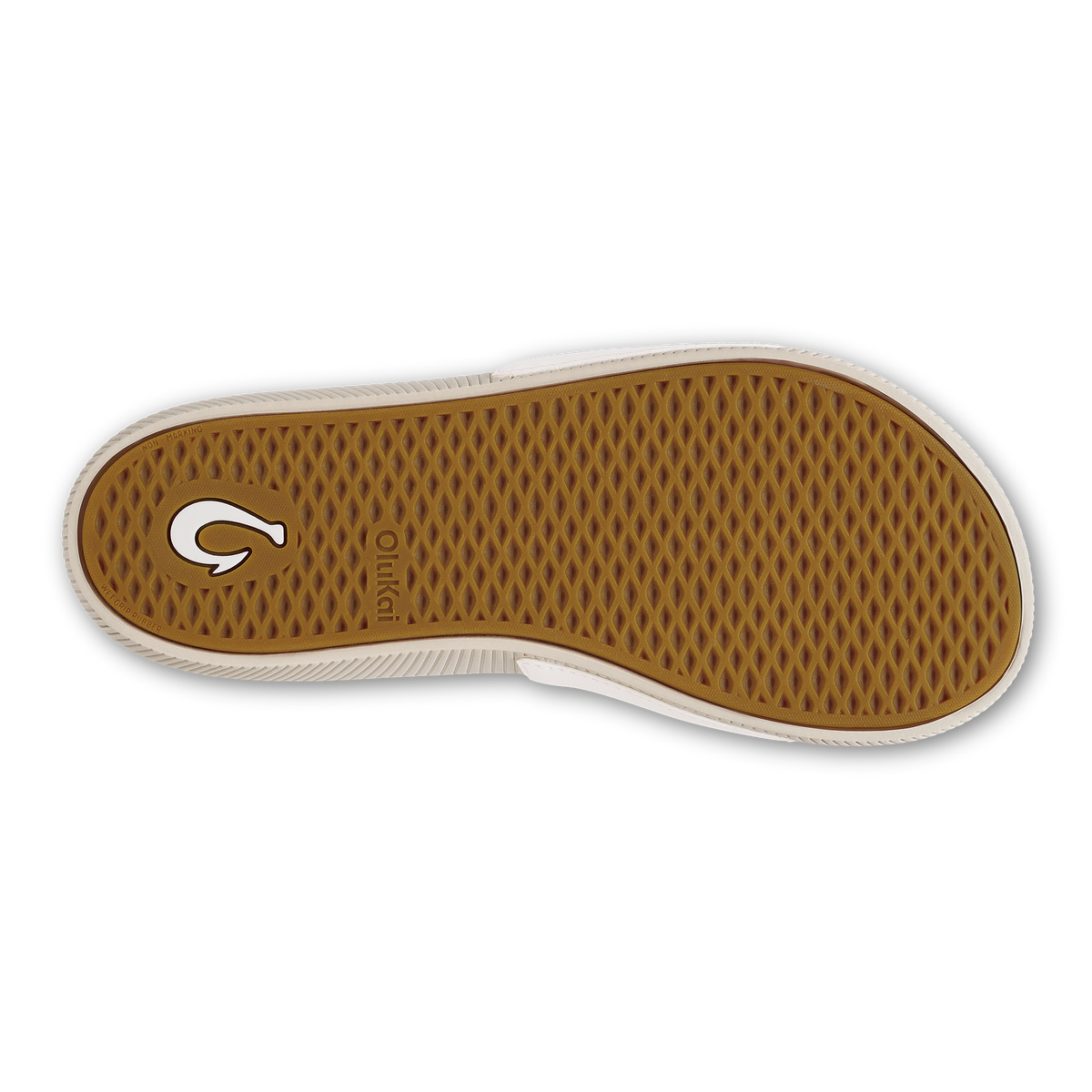 White and tan slide sole with textured pattern and curved design.