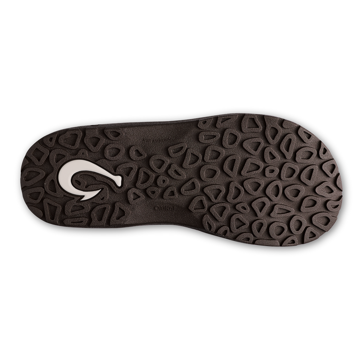 Dark brown rubber sole with textured tread pattern and white curved logo on heel area.