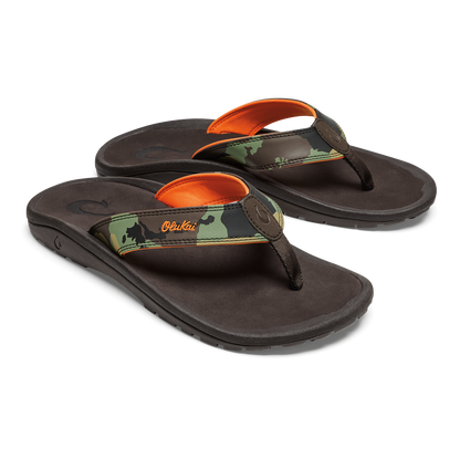 Pair of dark brown thong sandals with camouflage and orange accents, featuring contoured footbeds and black straps.