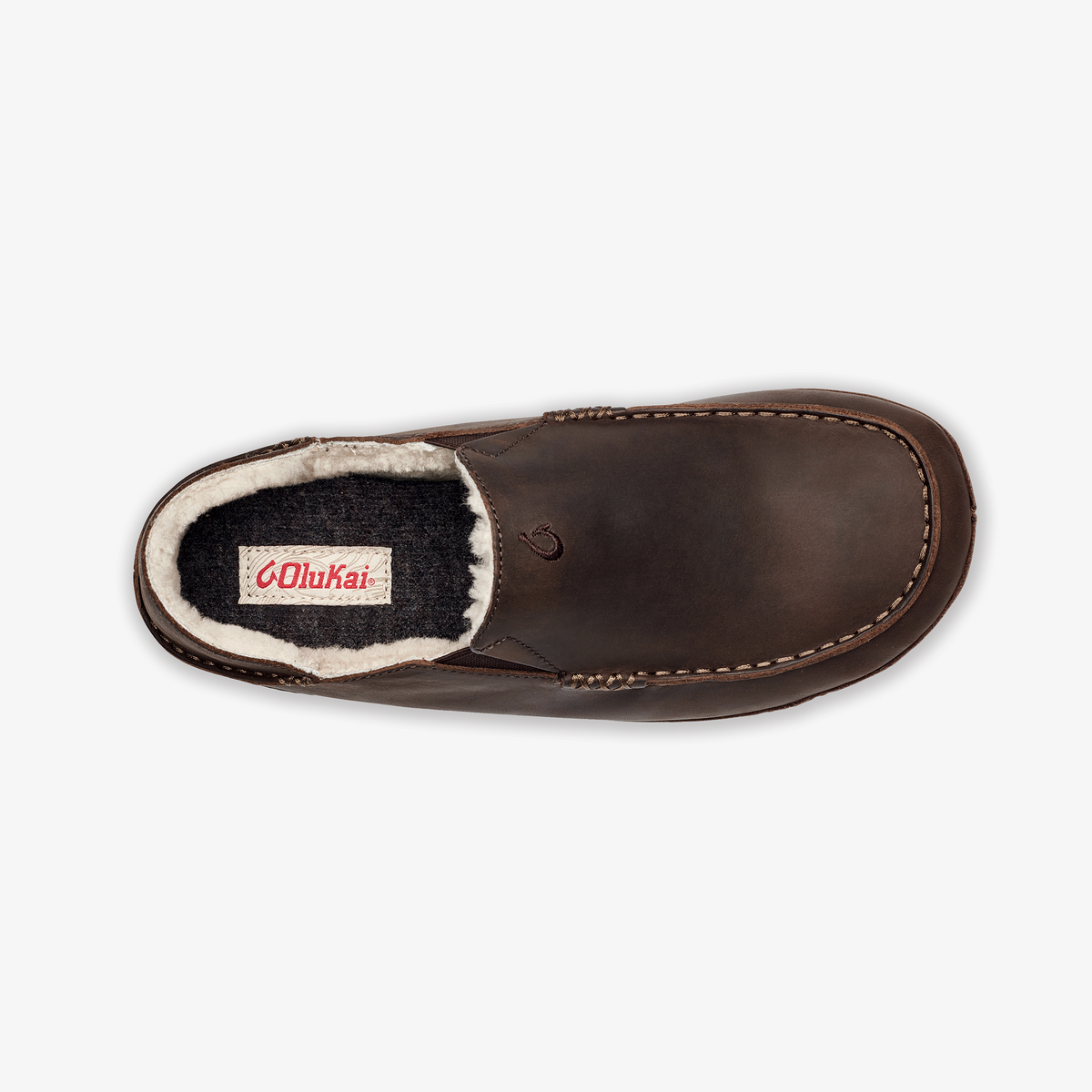 Dark brown leather slipper with fleece lining and contrast stitching, shown from above.