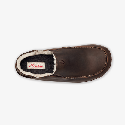 Dark brown leather slipper with fleece lining and contrast stitching, shown from above.