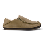 Clay-colored suede slipper with dark brown sole and stitched detailing along the upper.