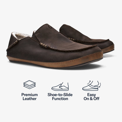 Dark brown leather slippers with fleece lining and brown wooden soles.