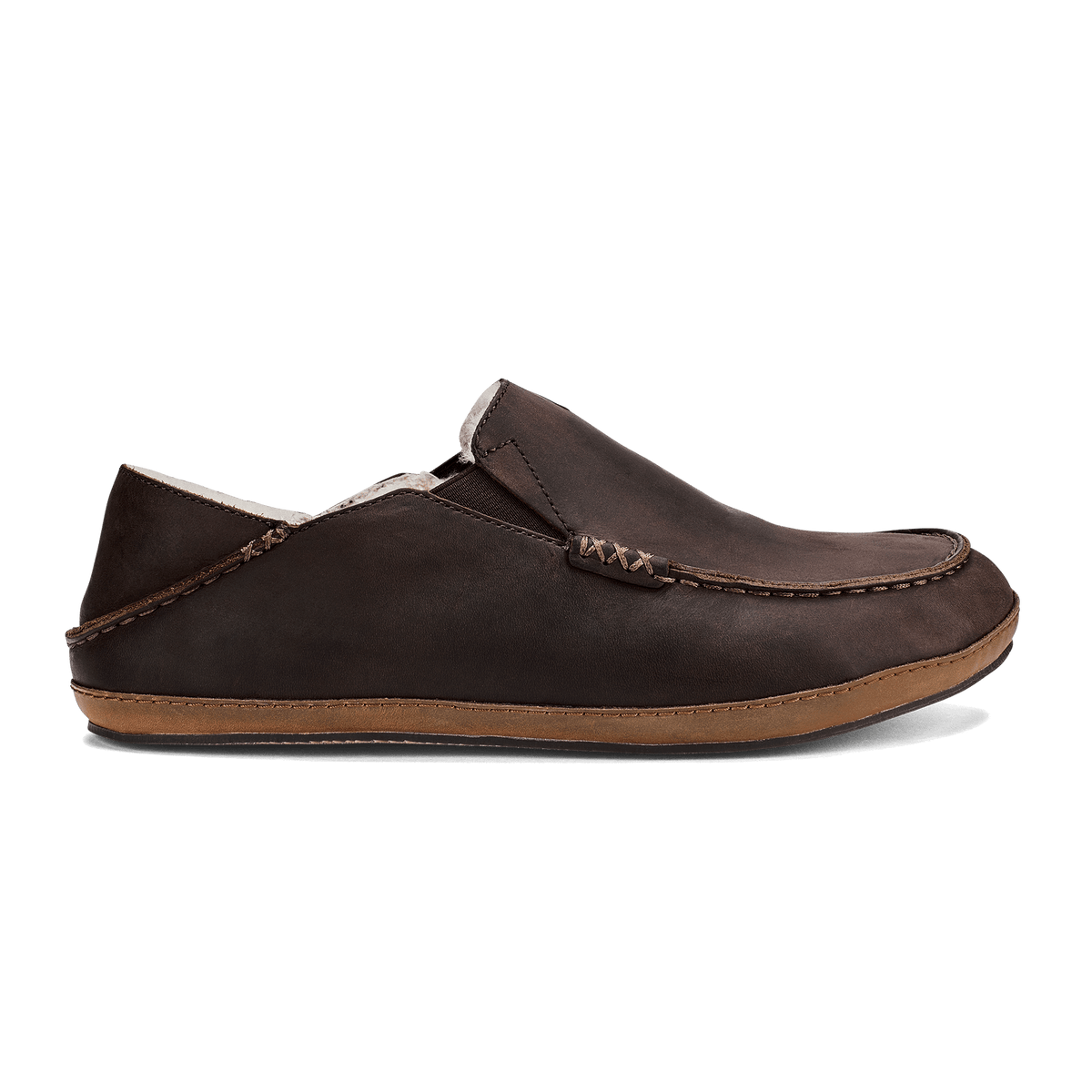 Dark brown leather slipper with tan sole and contrast stitching detail on upper.