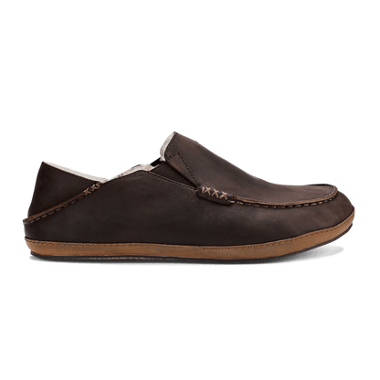 Dark brown leather slipper with tan sole and contrast stitching detail on upper.