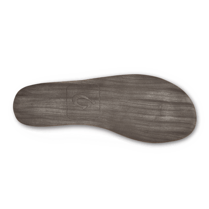 Dark wood slipper sole with rounded toe and textured wood grain surface visible from above.