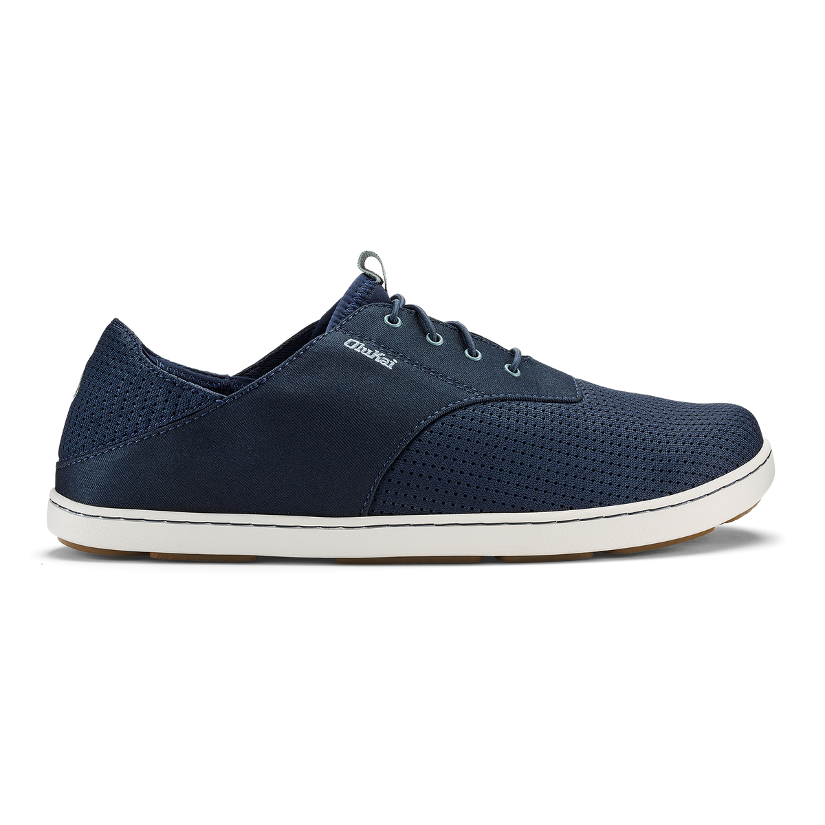 Navy blue lace-up casual shoe with perforated mesh panels and white sole.