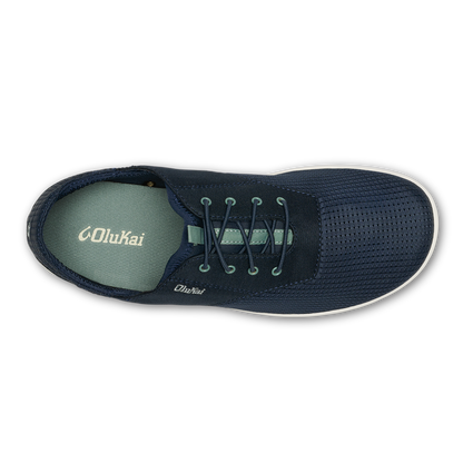Dark blue mesh lace-up sneaker with white sole and light green insole, viewed from above.