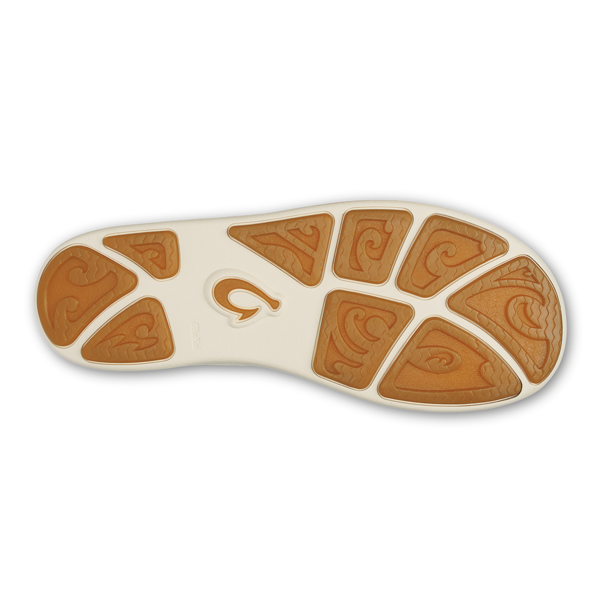 Shoe sole with tan tread pattern and tan swirl designs on cream-colored base.