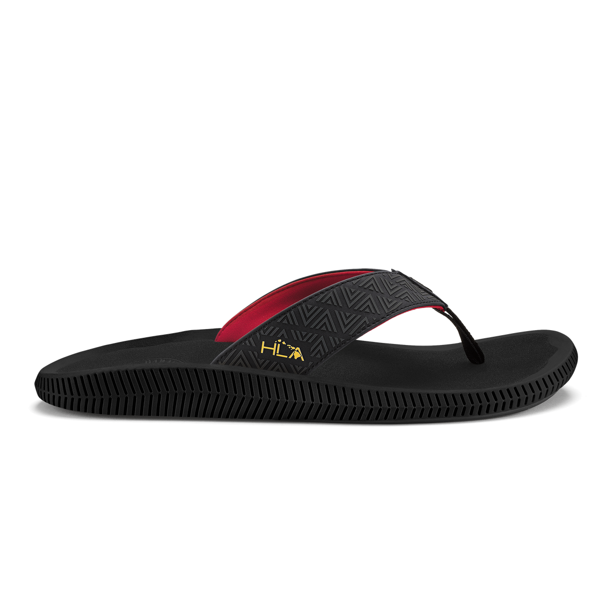 Black flip-flop sandal with red and black textured strap and geometric pattern on upper.