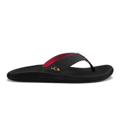 Black flip-flop sandal with red and black textured strap and geometric pattern on upper.