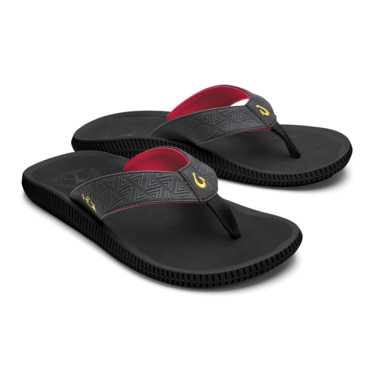 Black flip-flops with red insoles, geometric strap detail, and textured sole.