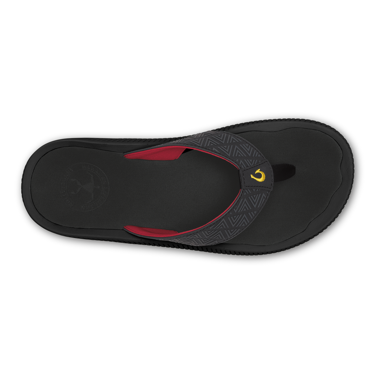 Black flip-flop sandal with red accents, textured strap band, and yellow logo detail on the side.