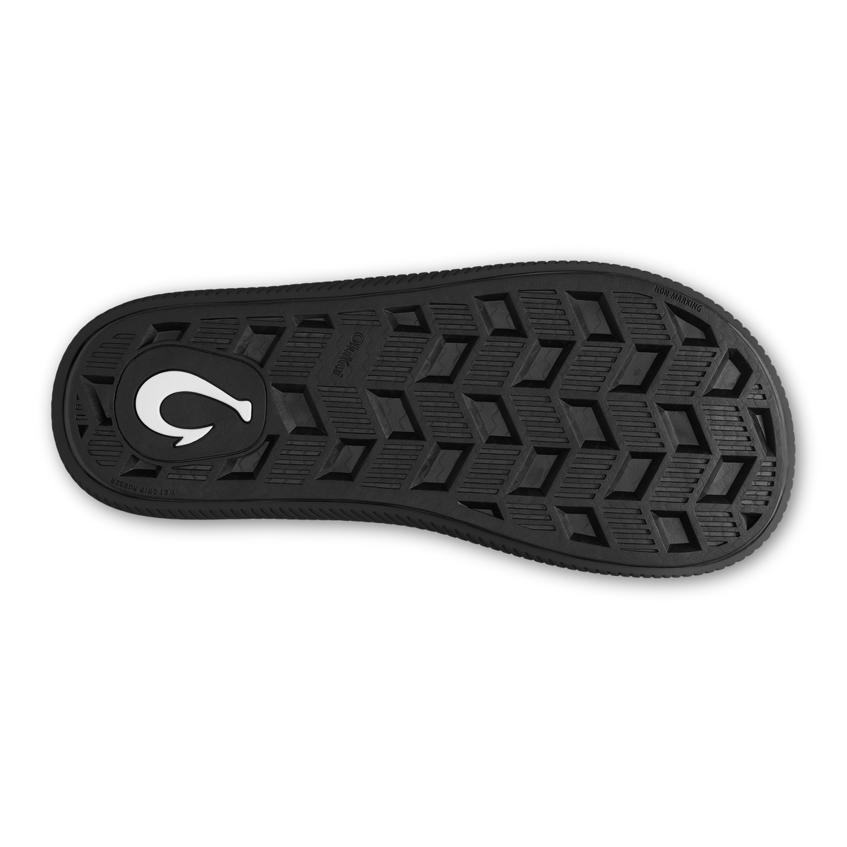 Black shoe sole with white curved logo and geometric tread pattern.