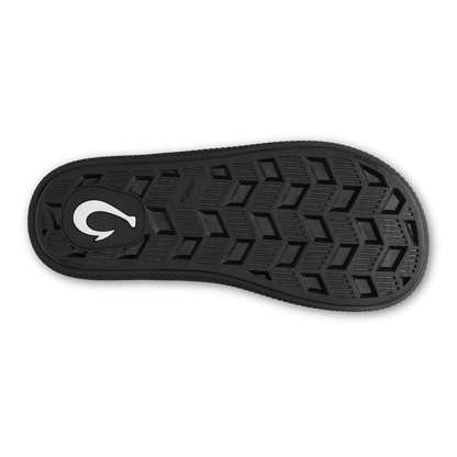 Black shoe sole with white curved logo and geometric tread pattern.