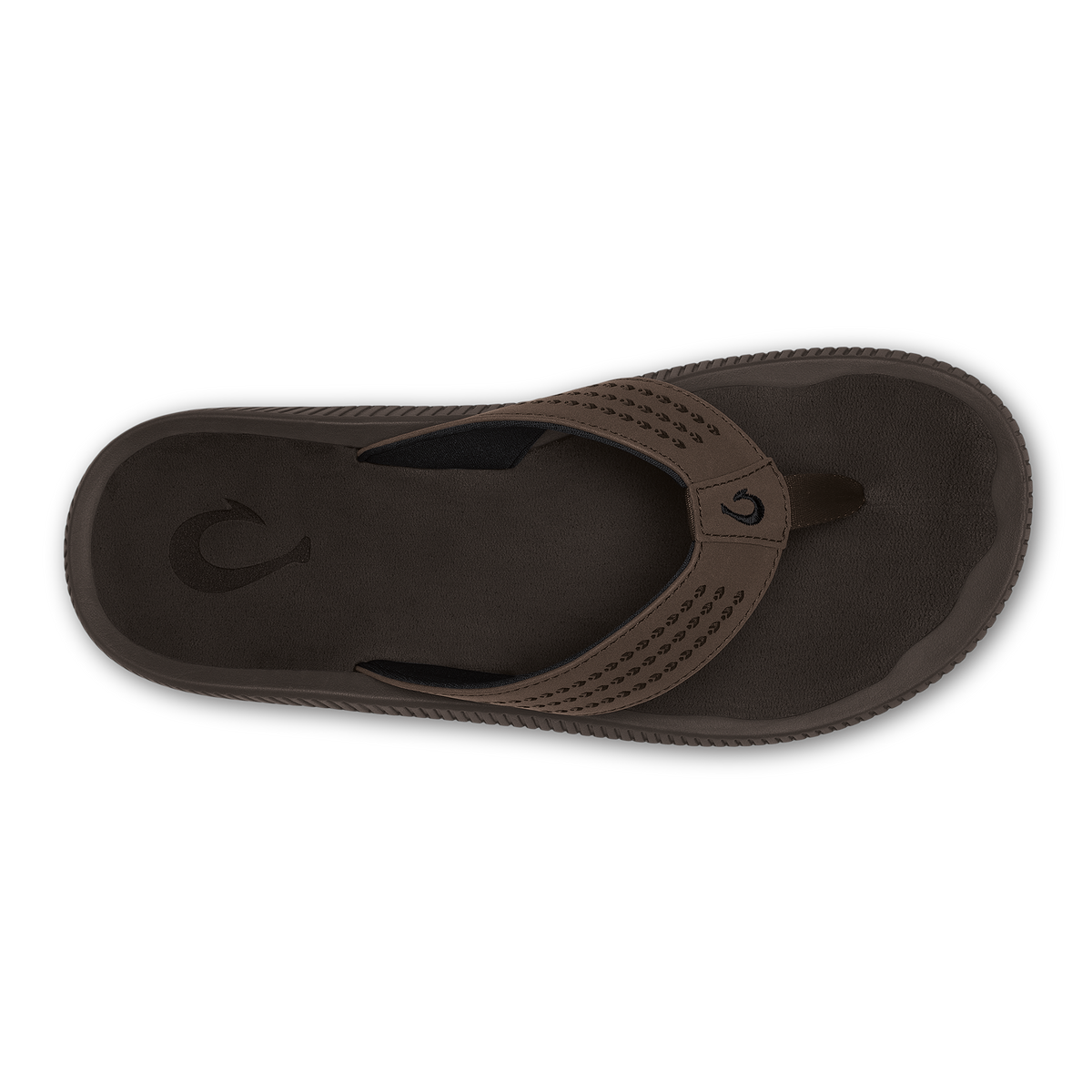 Dark brown flip-flop with textured thong strap and perforated detailing, shown from above.