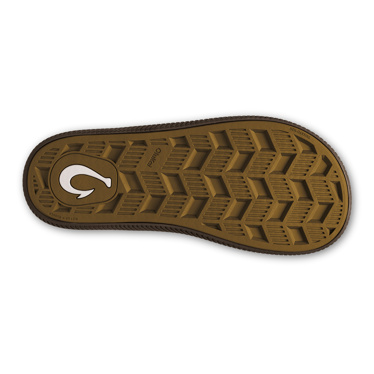 Dark brown sole with chevron tread pattern and white brand logo in center.