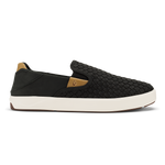 Black woven slip-on sneaker with tan heel detail and cream rubber sole.