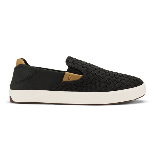 Black woven slip-on sneaker with tan heel detail and cream rubber sole.