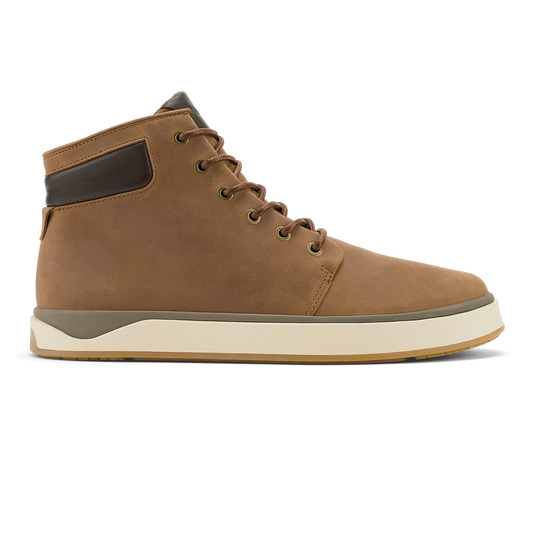 Toffee and brown leather lace-up boot with cream midsole and dark collar accent.