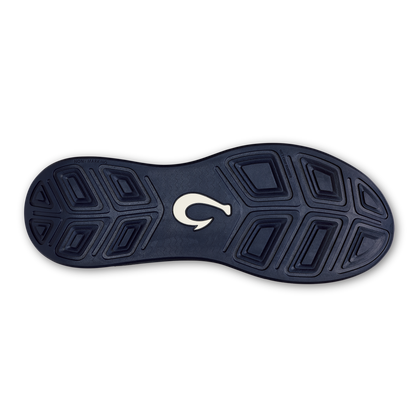 Dark blue shoe sole with geometric tread pattern and white hook logo in center.