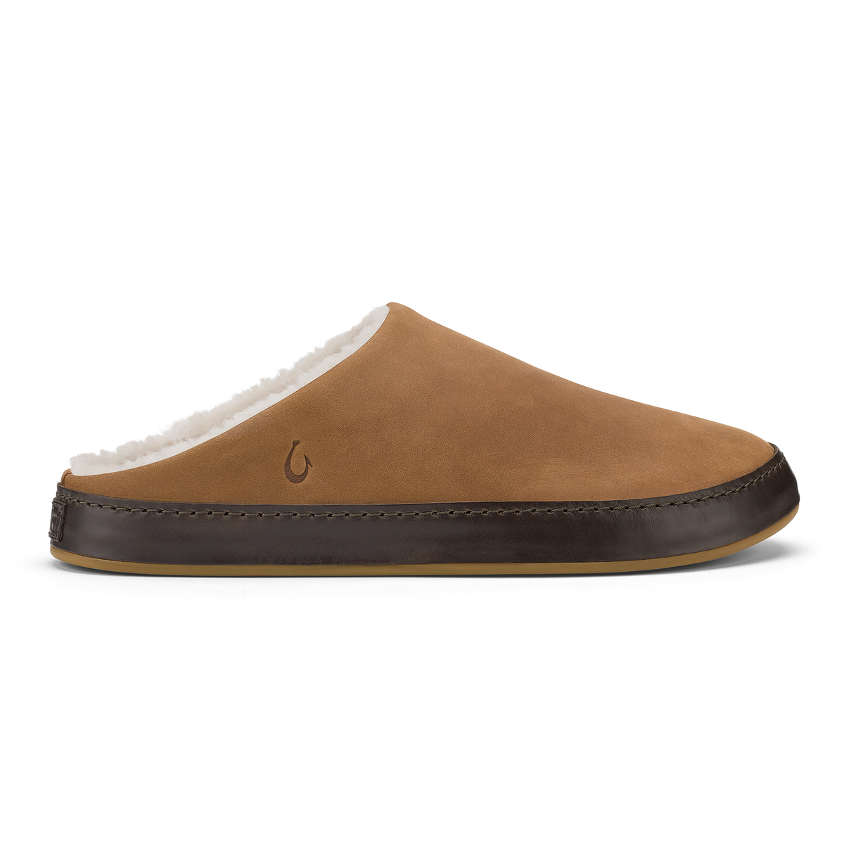 Tan and dark brown suede slipper with white fleece lining and stitched trim.