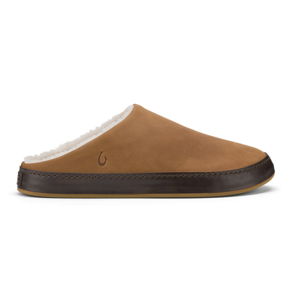Tan and dark brown suede slipper with white fleece lining and stitched trim.