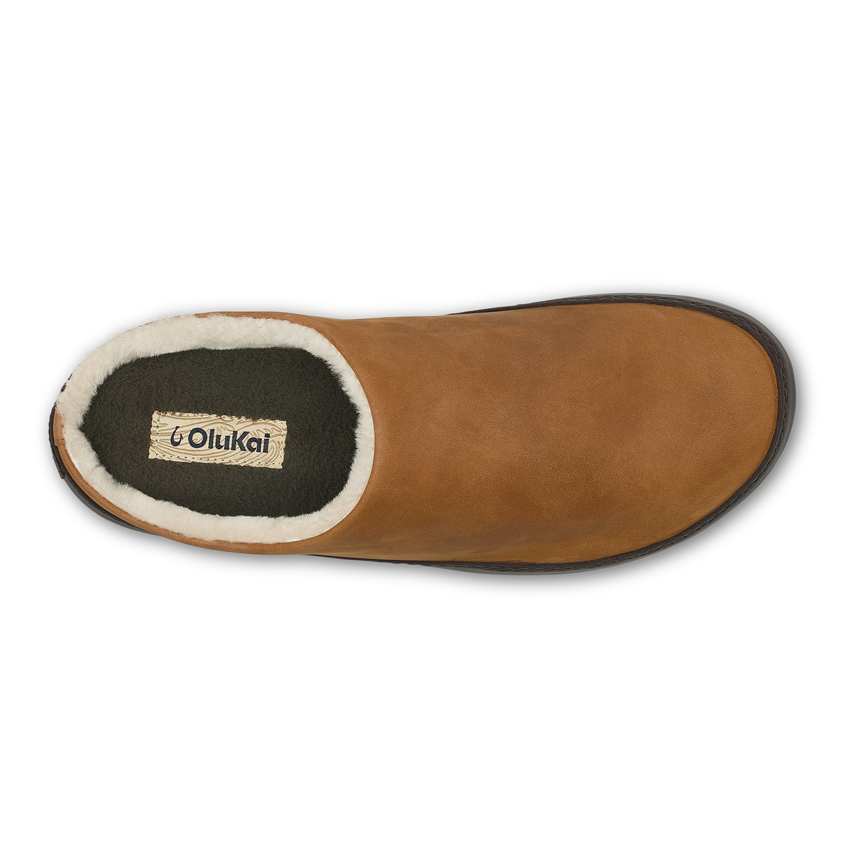 Brown suede slipper with fleece lining and dark sole, shown from above with interior visible.