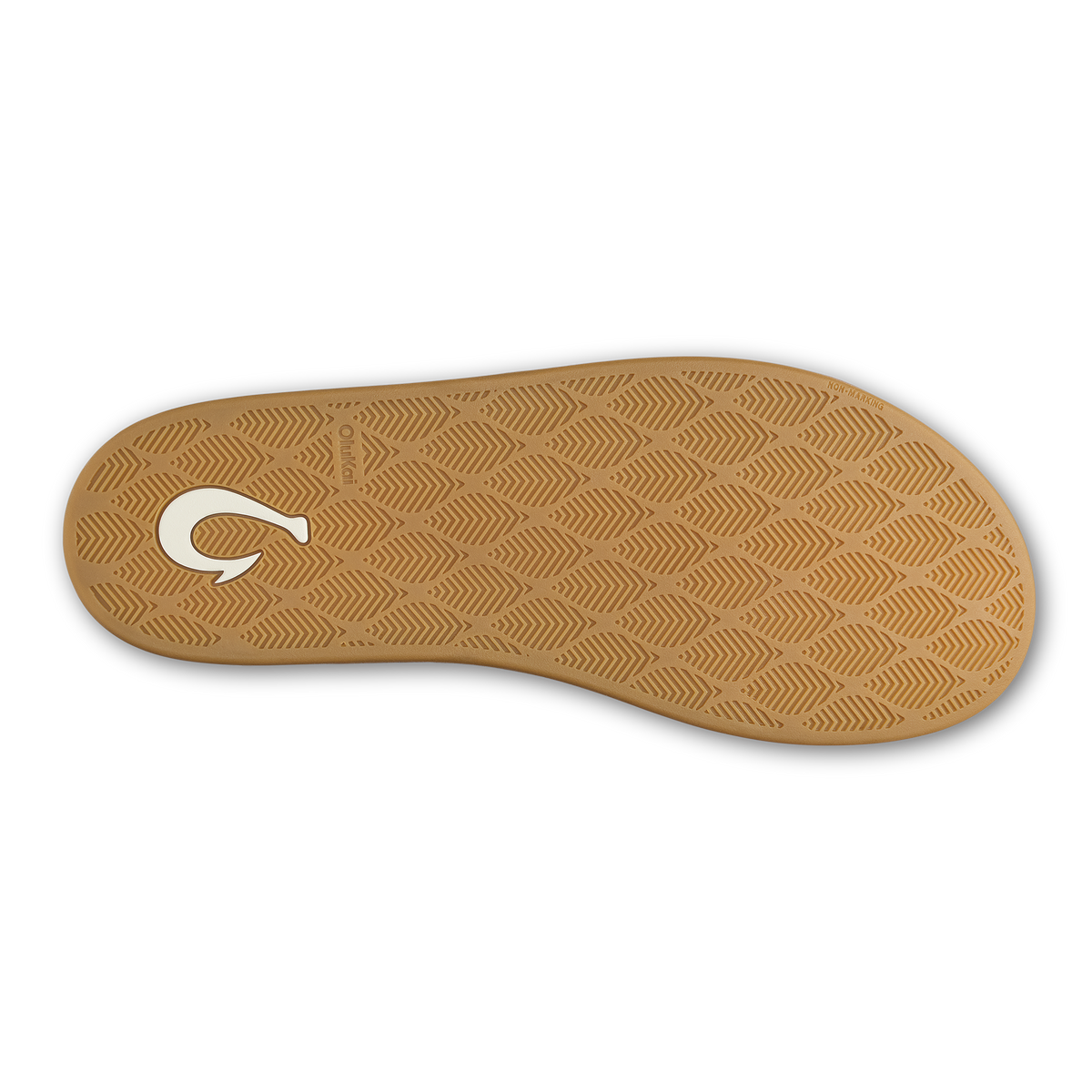 Tan rubber sole with herringbone tread pattern and white hook logo.