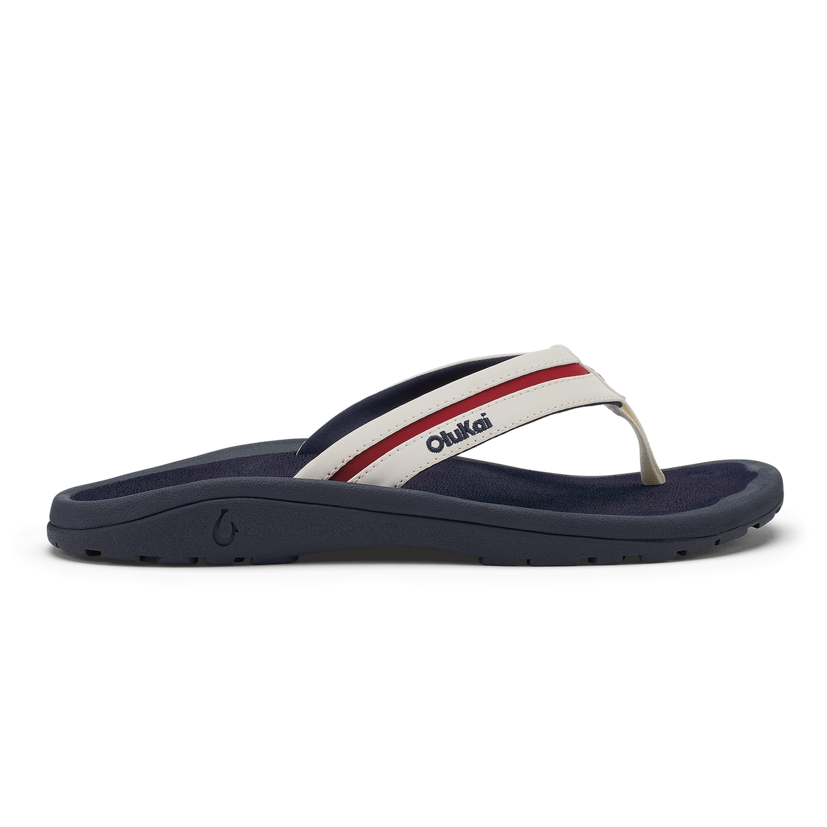 White, navy, and red striped flip-flop sandal with navy sole and Ōhana branding.