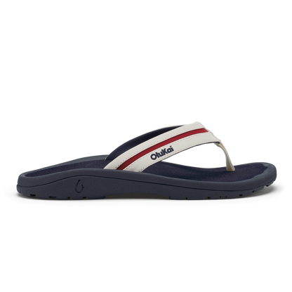 White, navy, and red striped flip-flop sandal with navy sole and Ōhana branding.