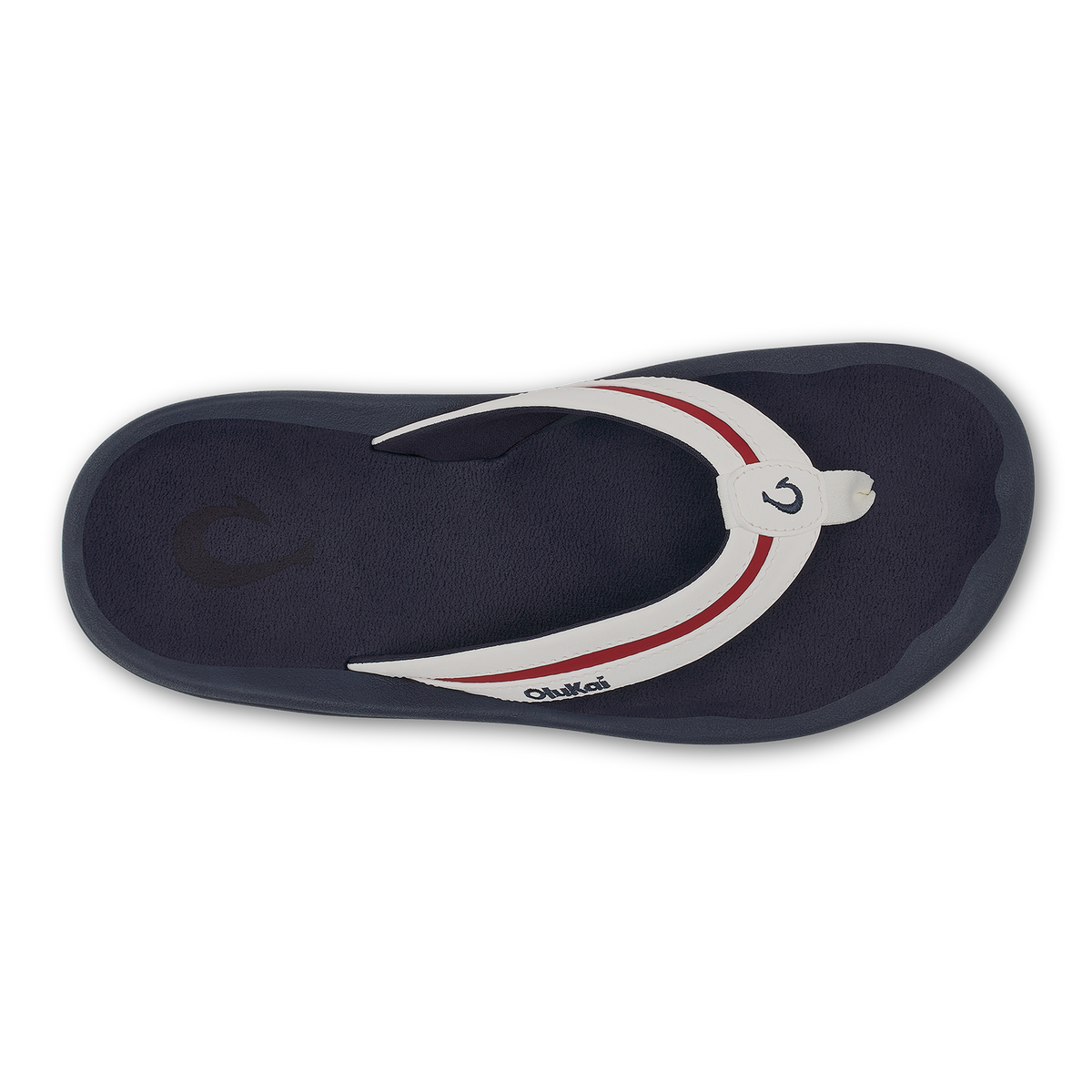 Navy thong sandal with white and red straps and dark cushioned footbed.