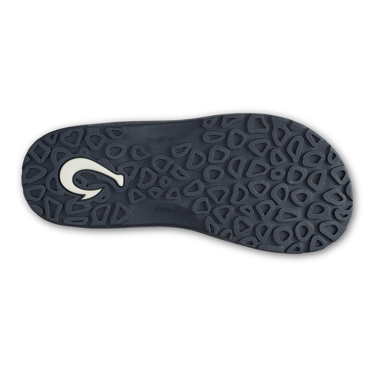 Dark sole with textured geometric pattern and white curved logo on center.