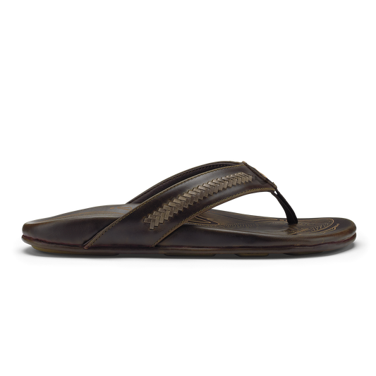 Dark brown leather flip-flop sandal with woven strap detail across the toe and textured sole.