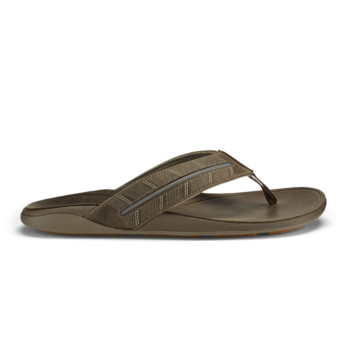Tan thong sandal with textured fabric upper strap and solid footbed.