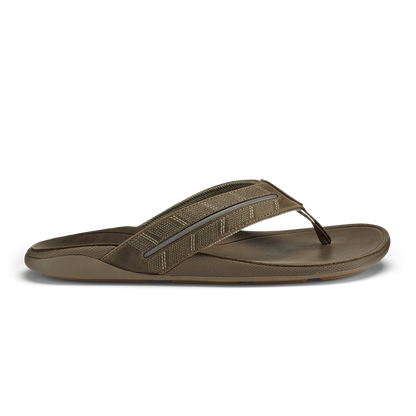Tan thong sandal with textured fabric upper strap and solid footbed.