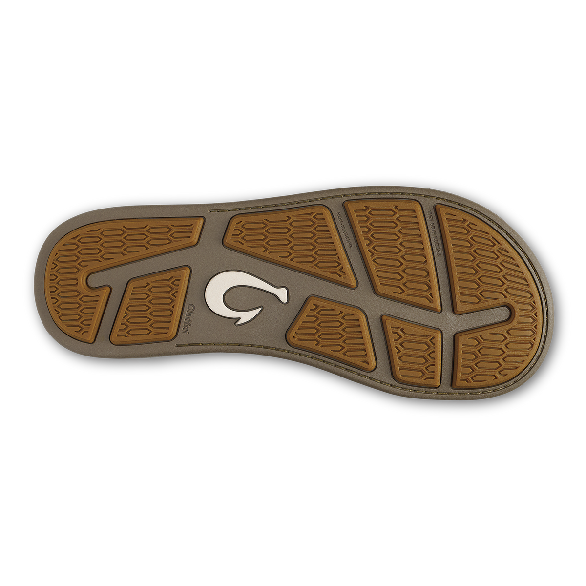 Tan and gray shoe sole with honeycomb tread pattern and white curved logo detail.