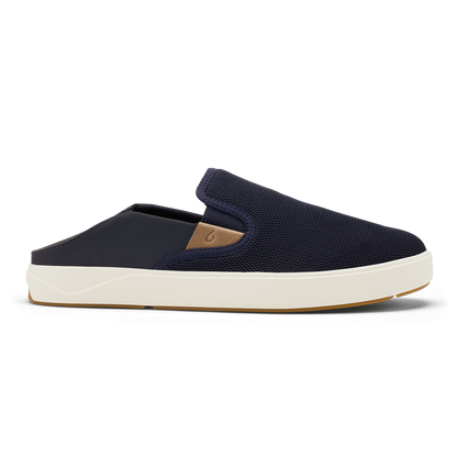 Navy mesh slip-on shoe with tan leather heel patch and cream rubber sole.