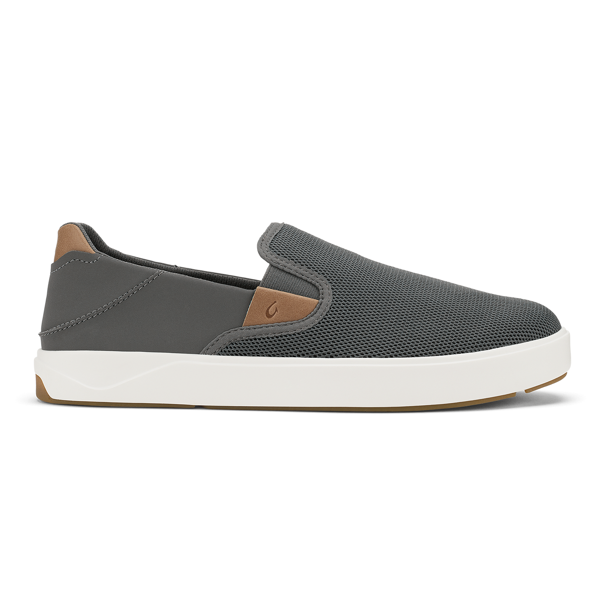 Gray mesh and tan leather slip-on sneaker with white sole and brown heel accent.