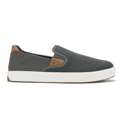 Gray mesh and tan leather slip-on sneaker with white sole and brown heel accent.