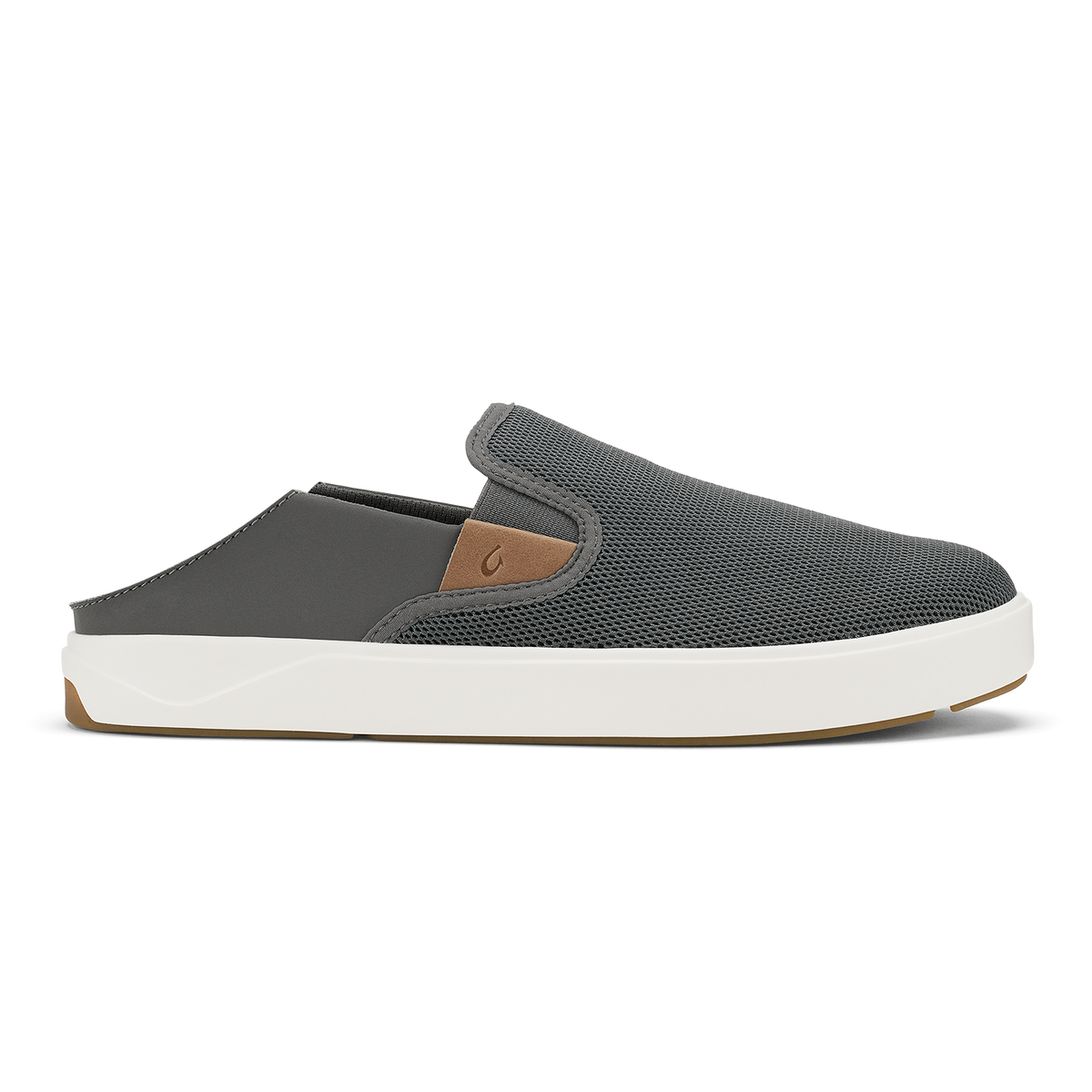 Gray mesh and tan leather slip-on shoe with white sole and brown heel accent.