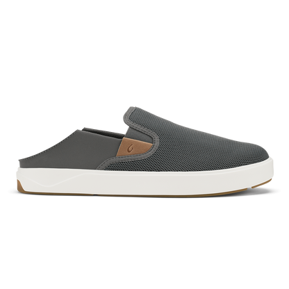 Gray mesh and tan leather slip-on shoe with white sole and brown heel accent.