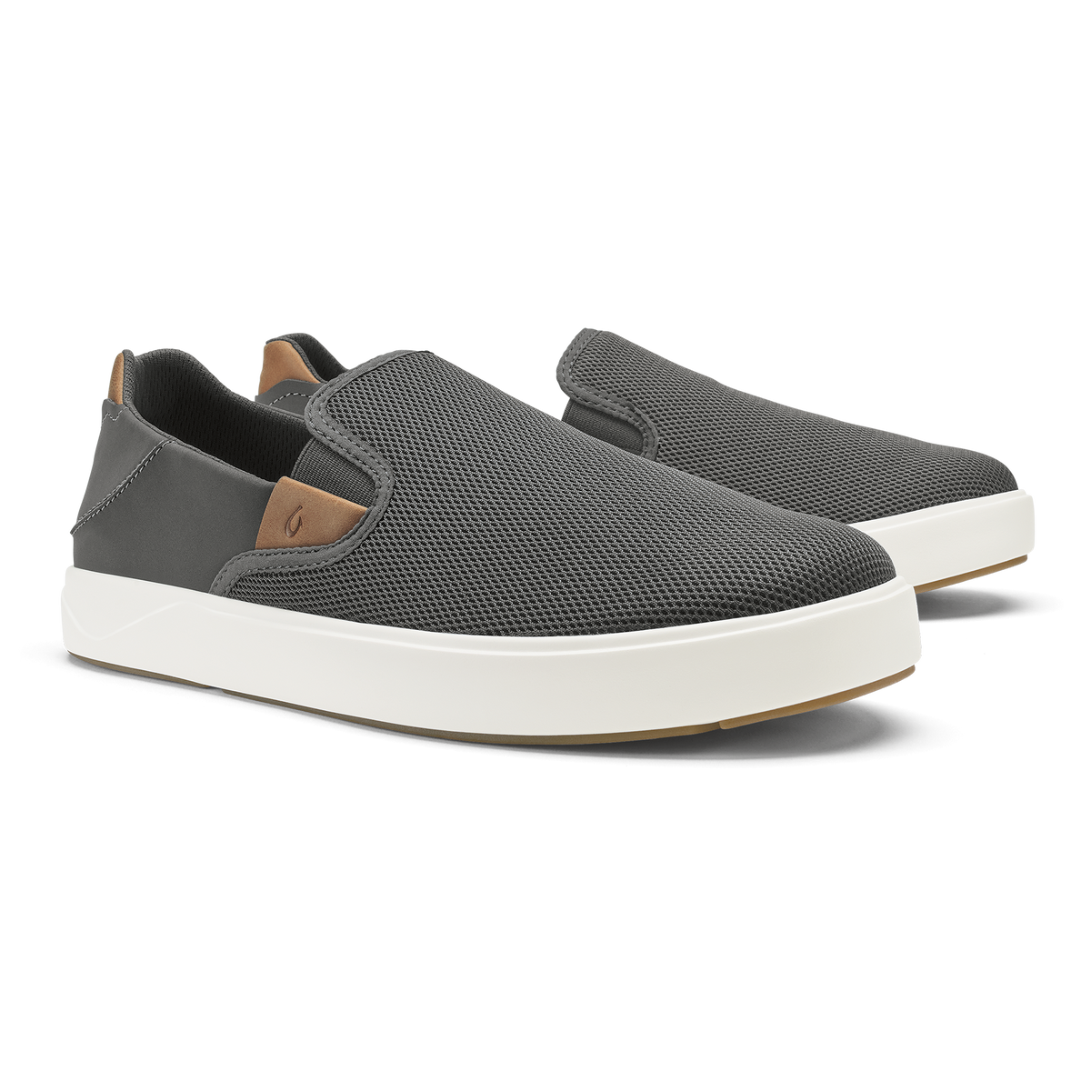 Gray mesh slip-on sneaker with tan leather heel tab and white rubber sole.