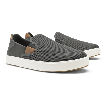 Gray mesh slip-on sneaker with tan leather heel tab and white rubber sole.
