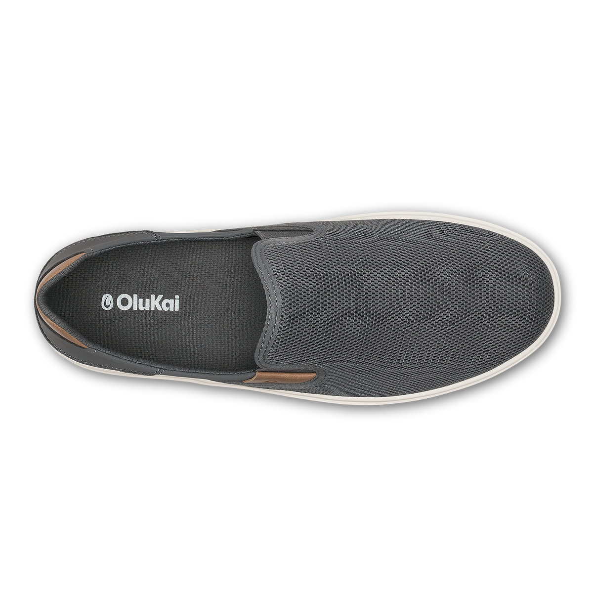 Charcoal slip-on shoe with textured mesh upper, white sole, and tan accent trim on the heel.