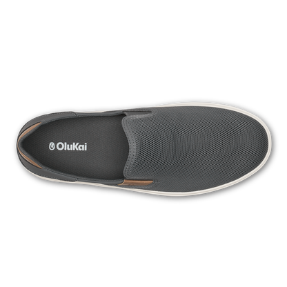 Charcoal slip-on shoe with textured mesh upper, white sole, and tan accent trim on the heel.
