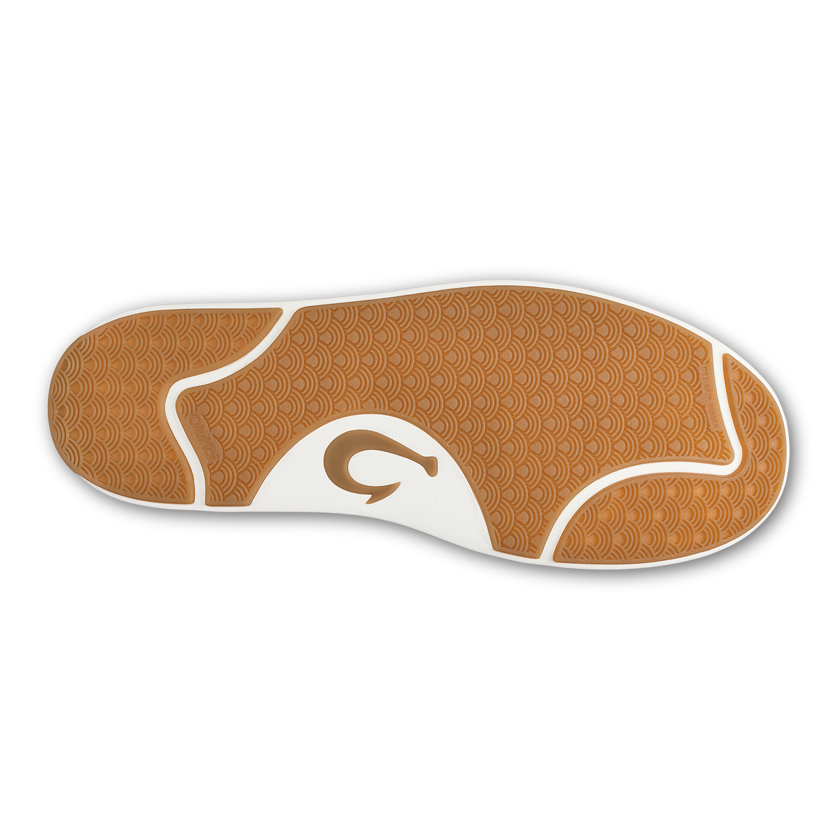 Tan and white shoe sole with textured geometric pattern and branded logo detail.