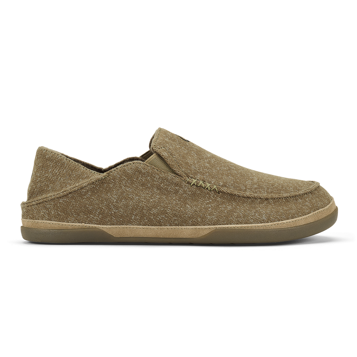 Clay-colored slip-on shoe with textured fabric upper and cushioned sole.