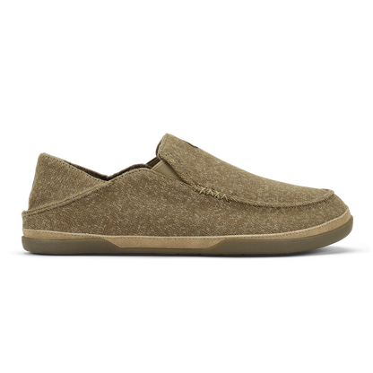 Clay-colored slip-on shoe with textured fabric upper and cushioned sole.